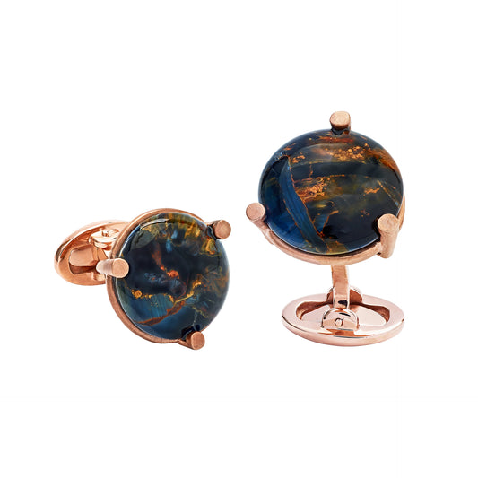 Round Pietersite Prong Rose Gold Vermeil Sterling Cufflinks