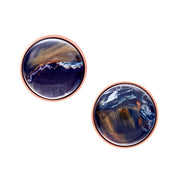  18K rose gold vermeil round pietersite cabochon cufflinks pair angled view showing domed pietersite cabochon in polished rose gold bezel with oval swivel T-bar closure by Jan Leslie