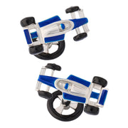 Pair of sterling silver three-dimensional dimpled golf ball and blue enamel golf tee cufflinks showing polished silver ball face, bright blue enamel tee back, and silver toggle bar closure, Jan Leslie