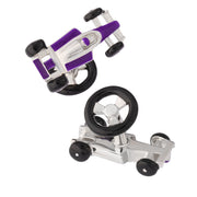 Pair of sterling silver three-dimensional Formula 1 racing car cufflinks with purple enamel body panels, black enamel tires, polished silver open cockpit chassis, and black enamel steering wheel toggle bar closure, Jan Leslie