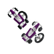 Underside view of pair of sterling silver three-dimensional Formula 1 racing car cufflinks with purple enamel body panels showing polished silver chassis undercarriage, black enamel tires, and black enamel steering wheel toggle bar closure, Jan Leslie