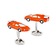 Orange enamel sports car cufflinks with oval swivel back closure, Jan Leslie