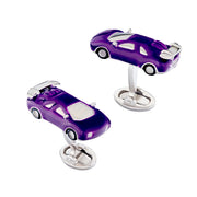 Purple enamel sports car cufflinks with silver oval swivel back closure, Jan Leslie