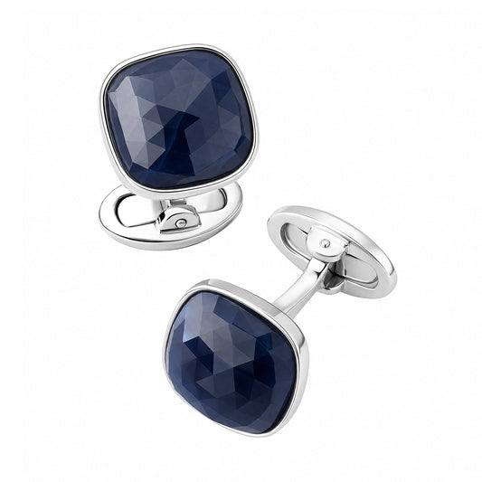 Sterling silver cushion-cut faceted sapphire cufflinks with a polished bezel setting and secure swivel toggle backing.