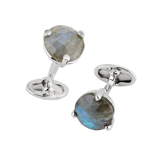 Round faceted labradorite cufflink pair in polished sterling silver four-prong martini settings 