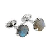 Round faceted labradorite cufflink pair in polished sterling silver four-prong martini settings 