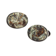 Oval astrophyllite cabochon cufflink pair with cream grey and rust brown mineral matrix