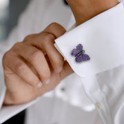 3D hand-painted purple enamel butterfly cufflink on model