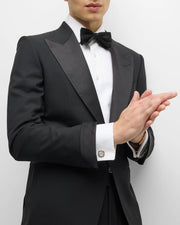 Gold mother-of-pearl and navy enamel cushion cufflinks styled on white French cuff with black tuxedo, Jan Leslie