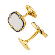 Gold-plated sterling silver mother-of-pearl cushion cufflinks with navy enamel border and T-bar closure, Jan Leslie