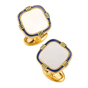 Gold-plated sterling silver cushion cufflinks with white mother-of-pearl face and navy enamel border, Jan Leslie