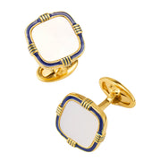 Gold-plated sterling silver cushion cufflinks with white mother-of-pearl face and navy enamel border, Jan Leslie