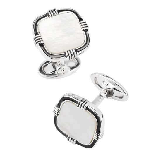 Gemstone Soft Square with Hand-Painted Frame Detail Sterling Silver Cufflinks I Jan Leslie