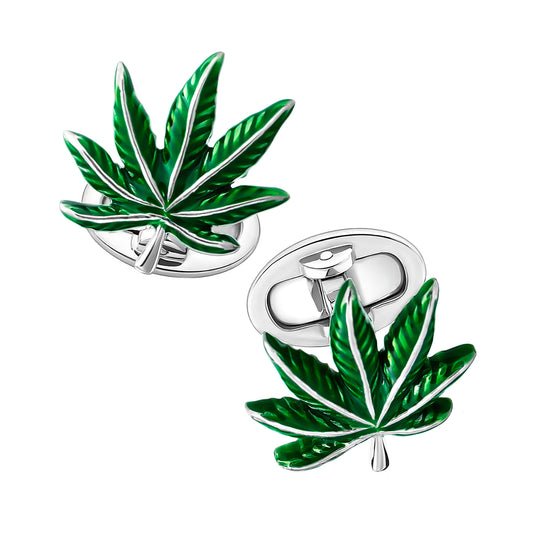 Cannabis Green Enamel Leaf Sterling Cufflinks