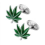 Cannabis Green Enamel Leaf Sterling Cufflinks
