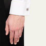 Sterling silver octopus cufflinks worn on white French cuff tuxedo shirt, Jan Leslie