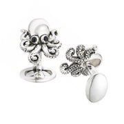 3D oxidized sterling silver octopus cufflinks with black onyx eyes and detailed tentacles, Jan Leslie