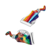 Sterling silver paint tube cufflinks pair back view showing whale-back closures and polished silver backs on mismatched resin paint tube faces by Jan Leslie