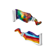  Sterling silver paint tube cufflinks pair front view showing multicolor swirl resin and rainbow stripe resin faces with black and white striped collar by Jan Leslie