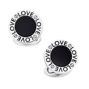Pair of round silver cufflinks with black onyx center and engraved LOVE text border with whale back closures