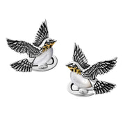 Sterling silver and 18K gold dove of peace cufflinks pair showing oxidized engraved wing feather detail pearl body and gold olive branch by Jan Leslie