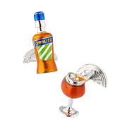 Novelty Aperol Spritz bottle and cocktail glass enamel cufflinks in silver and orange.