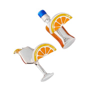 Back view of Aperol Spritz enamel cufflinks showing silver toggle backs with orange slice and cocktail glass detail.