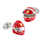 Sterling silver red enamel F1 racing helmet cufflinks pair showing visor closed and visor open positions with yellow shield crest silver visor bar and whale-back closure by Jan Leslie