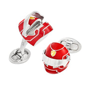 Sterling silver red enamel F1 racing helmet cufflinks pair angled view showing both hinged visors open Jan Leslie signature engraving on post and T-bar closure detail by Jan Leslie