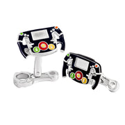 Sterling silver Formula 1 steering wheel cufflinks pair showing black enamel dash multicolor control buttons and piston connecting rod backs by Jan Leslie