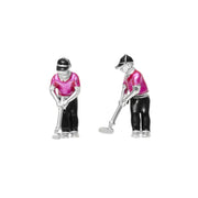 Sterling silver 3D golfer cufflinks with vibrant pink and black enamel detailing.