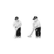 Sterling silver 3D golfer cufflinks with black and white enamel detailing.