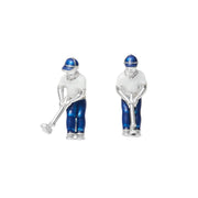Sterling silver 3D golfer cufflinks with blue and white enamel detailing.