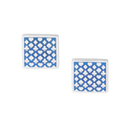 Sterling silver square cufflinks with blue enamel and white playing card suits pattern featuring hearts, spades, clubs, and diamonds, luxury novelty men's fine jewelry.