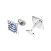 Side and back view of sterling silver square blue enamel playing card suits cufflinks showing polished reverse face and oval swivel back closure with Jan Leslie engraved signature, luxury novelty men's fine jewelry.