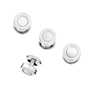 Classic round mother of pearl and sterling silver tuxedo stud set for formal dress shirts.