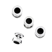 Round black onyx inlay sterling silver tuxedo cufflink and three-stud set with polished silver border barrel-back cufflink and push-back studs