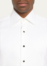 Model in white tuxedo shirt wearing black onyx and CZ round sterling silver shirt studs — Jan Leslie