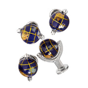 Navy blue and gold enamel spinning globe cufflink and tuxedo stud set with silver stand-style backs.