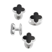 Four-leaf clover black onyx inlay sterling silver tuxedo cufflink and three-stud set with polished silver border T-bar cufflink