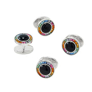 Black onyx cabochon cufflink and tuxedo stud set with rainbow multicolor crystal halo and silver settings.