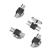 Sterling silver rope knot tuxedo stud set with oxidized black rope detail and silver bullet backs.