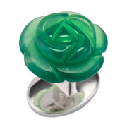 Intricately hand-carved green chalcedony rose stud with a sterling silver swivel backing — a luxurious botanical statement for black-tie occasions.