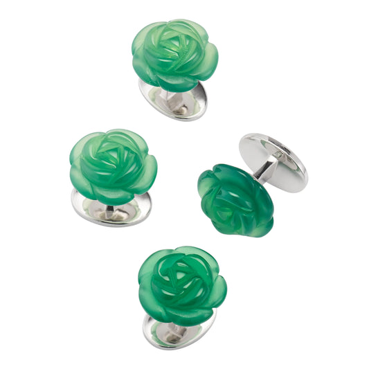 Sterling silver hand-carved green chalcedony rose flower tuxedo stud set.
