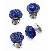 Carved lapis lazuli rose cufflinks and studs set with silver bullet backs, deep blue with gold pyrite flecks.