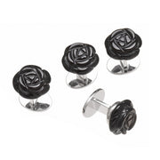 Carved black onyx rose tuxedo stud set with silver bullet backs for formal dress shirts.