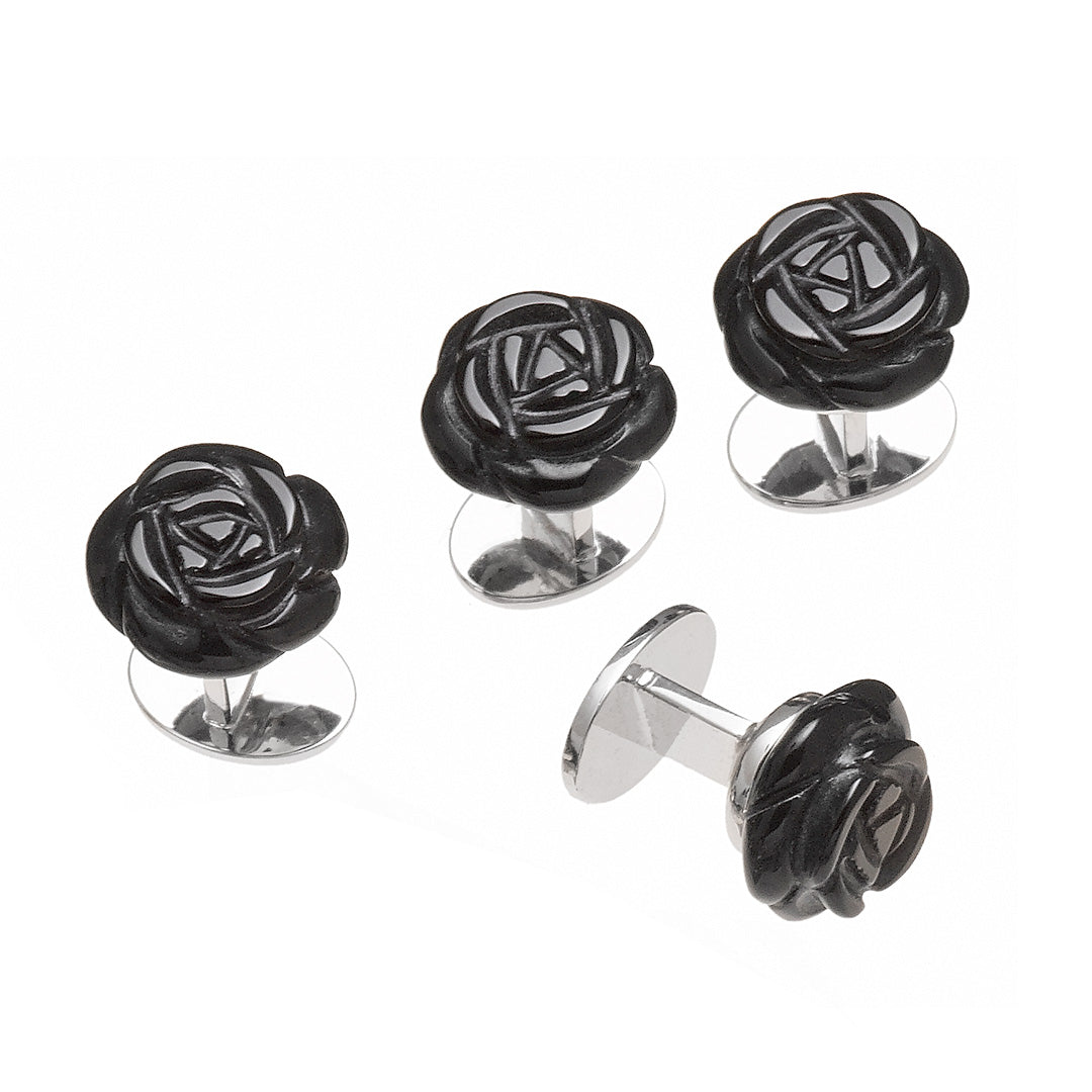 Carved black onyx rose tuxedo stud set with silver bullet backs for formal dress shirts.