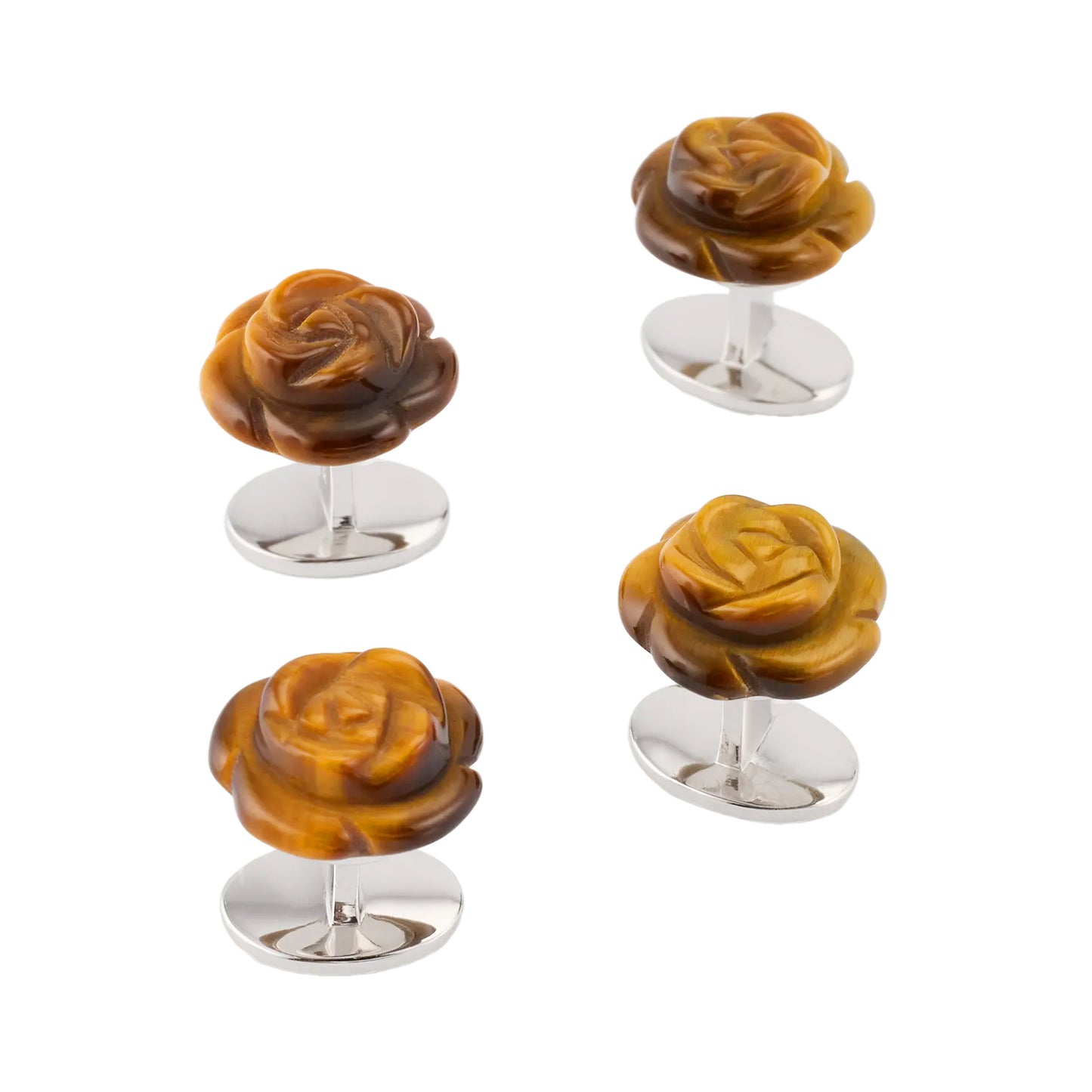 Hand Carved Tiger Eye Rose Sterling Silver Tuxedo Studs