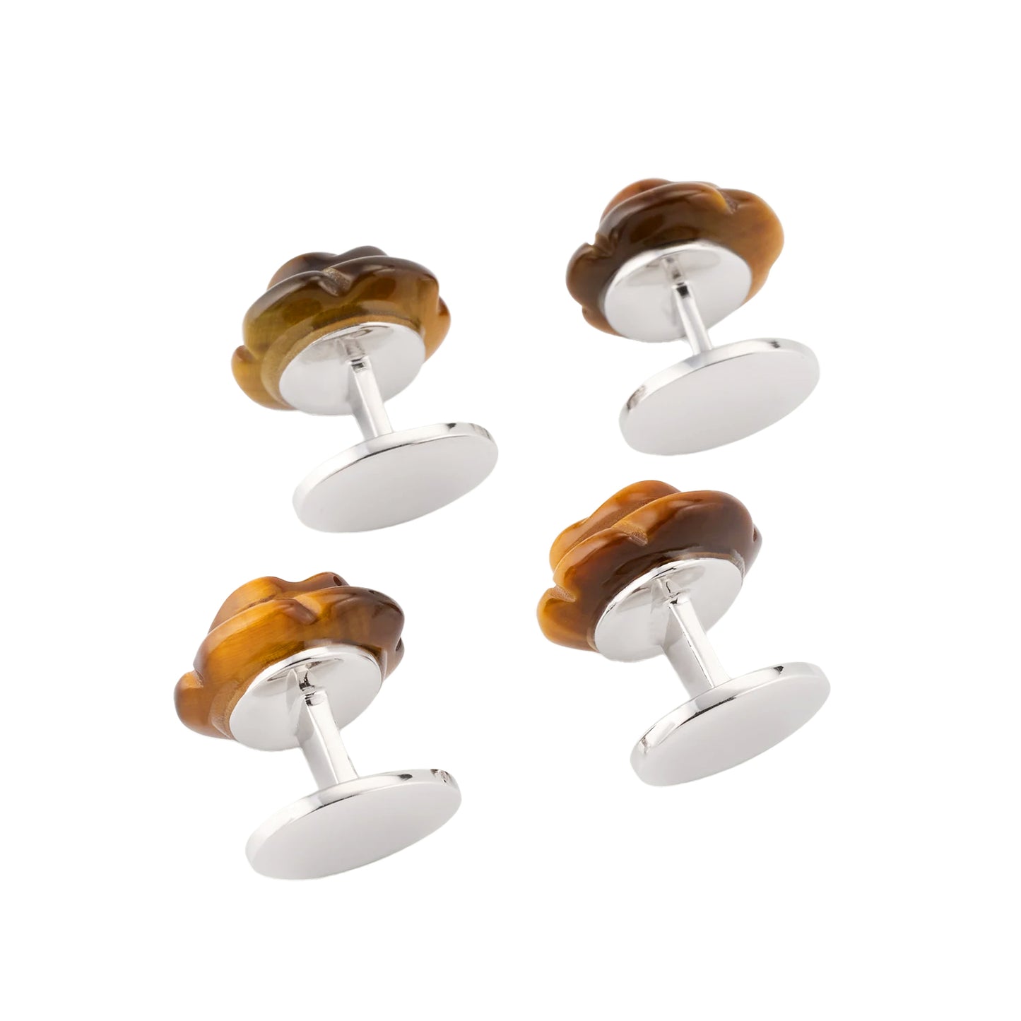 Hand Carved Tiger Eye Rose Sterling Silver Tuxedo Studs
