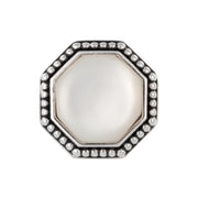 Oxidized sterling silver octagonal shirt stud with white mother-of-pearl inlay and milgrain border, Jan Leslie